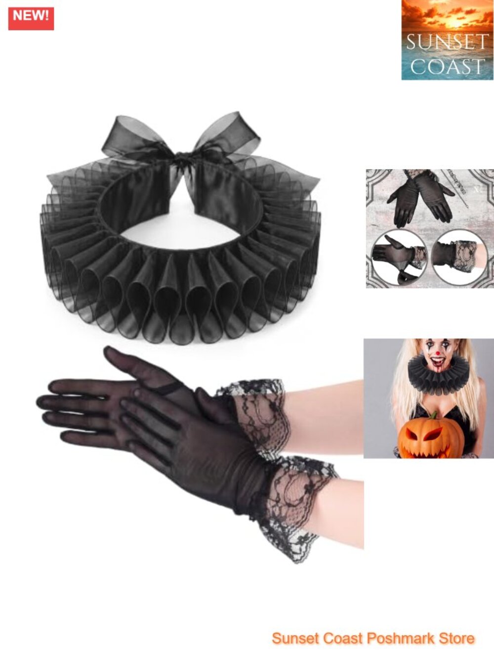 Ruffle Neck Collar & Lace Wrist Gloves Set Renaissance Costume